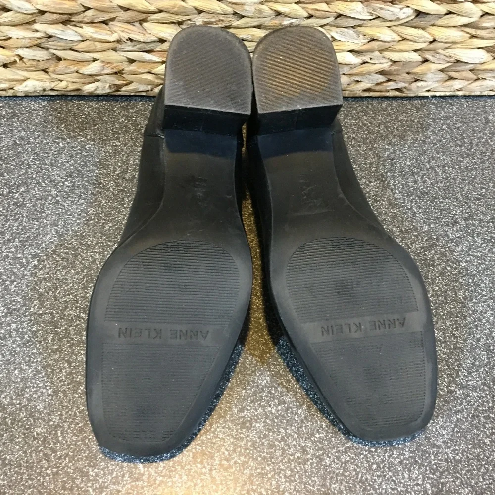 Anne Klein Iflex Black Leather Heeled Loafers with Tassel & Patent Detail